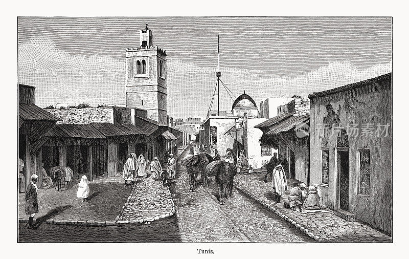 突尼斯历史街景,突尼斯,木版雕刻,1894年出版