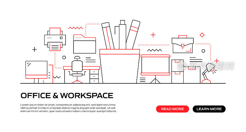 办公室和工作空间网络横幅与线性图标，新潮的线性风格矢量