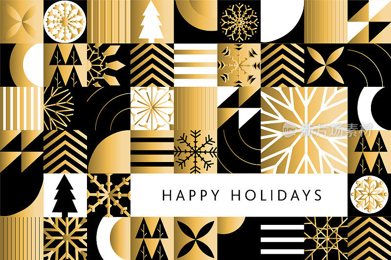 节日快乐问候抽象几何金色和黑色马赛克贺卡平面设计模板与雪花，圣诞树和条纹