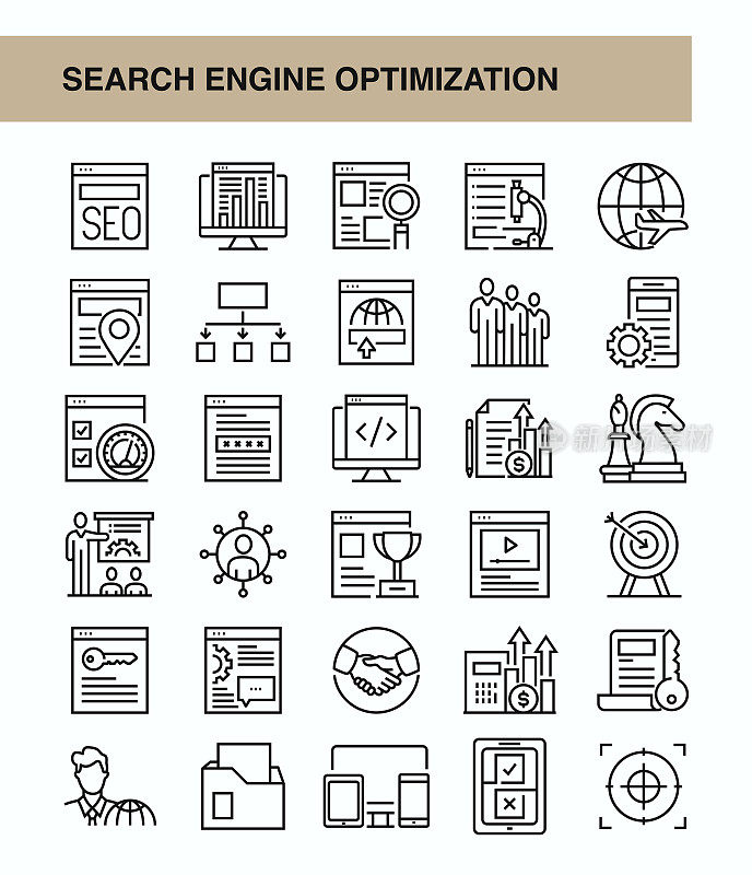 搜索引擎优化线图标集-插图广告，内容管理系统，字典，信息图表