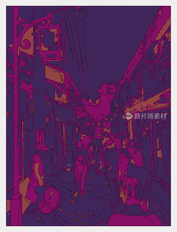 色彩勾勒风格的卡通海报插画，游客在古镇漫步