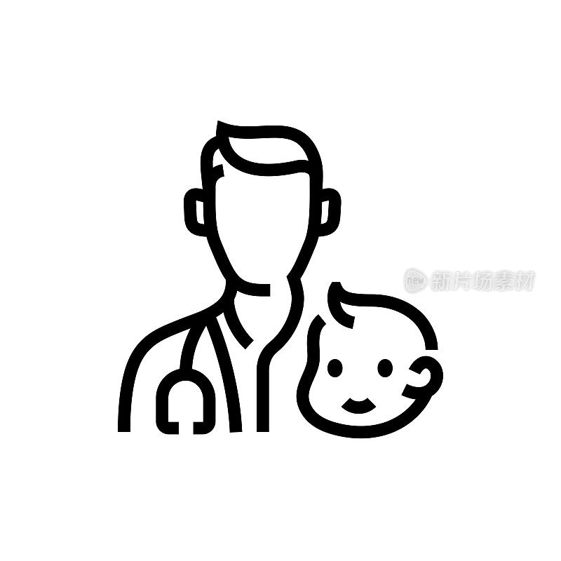 儿科医生线图标。小儿科、婴儿、医院、诊所、家庭、医生、护士、家长。