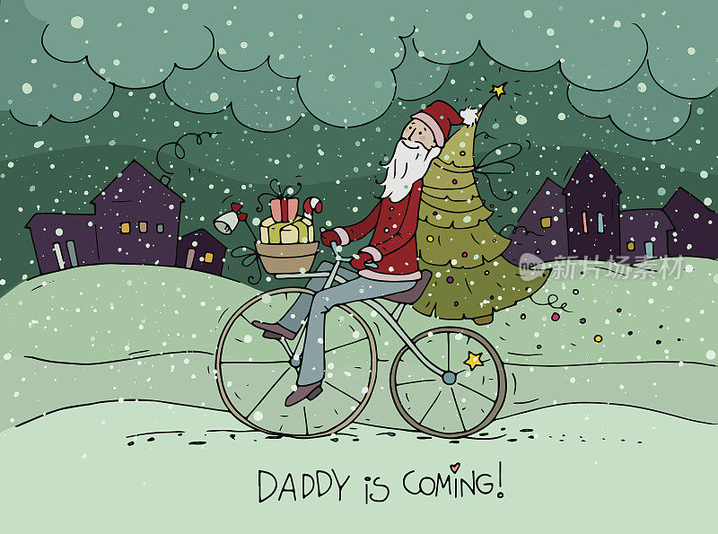 可爱的圣诞老人骑着自行车送礼物