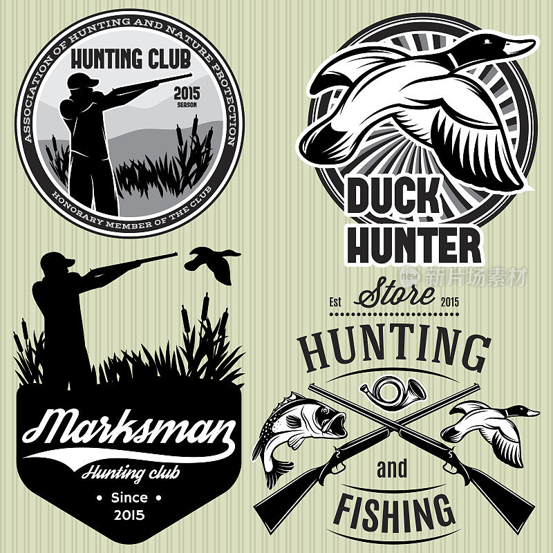 设置图案与鸭子，浸，枪，猎人狩猎徽章