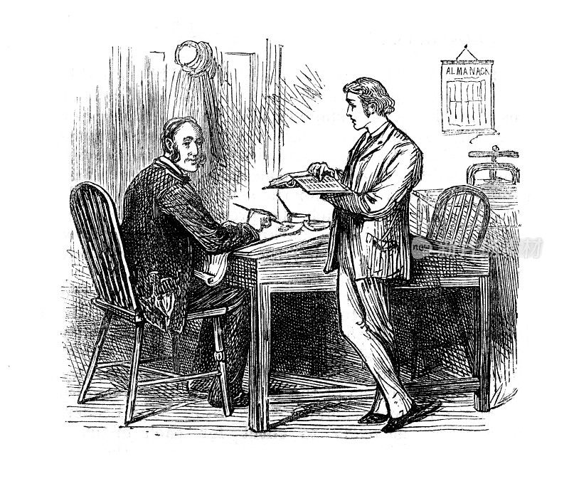 两个人在维多利亚时代的办公室里聊天，那是1880年的一本日记