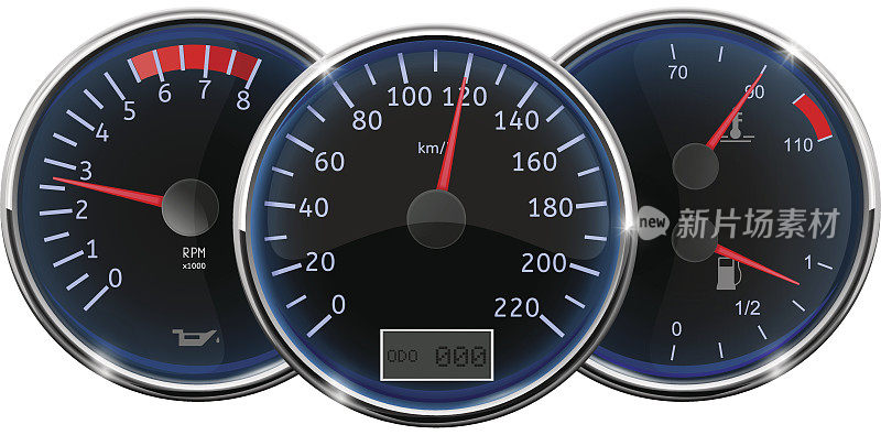 汽车仪表板。速度表，转速表，燃油表