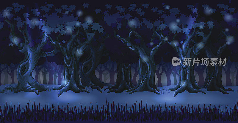 森林背景全景在黑暗的夜晚