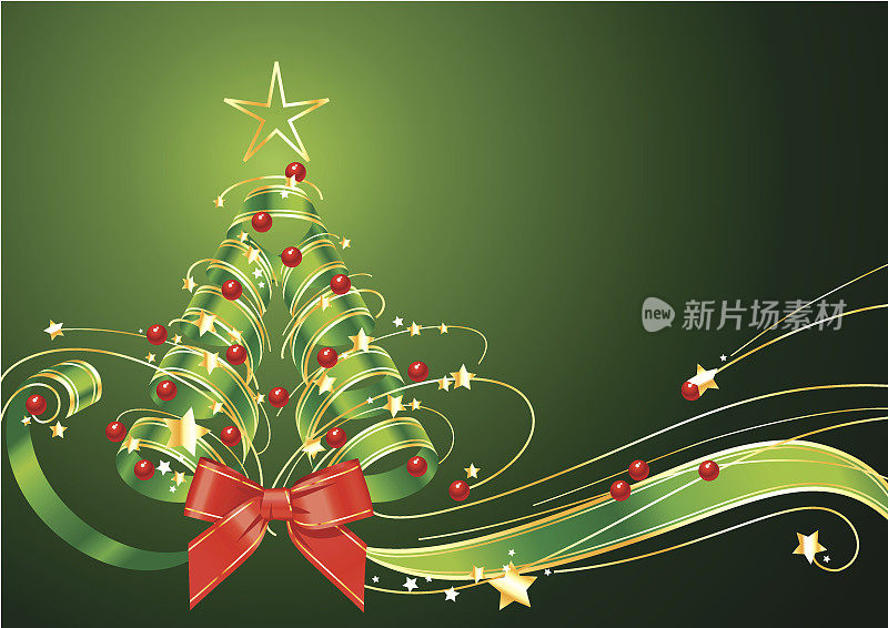绿色背景上的丝带圣诞树