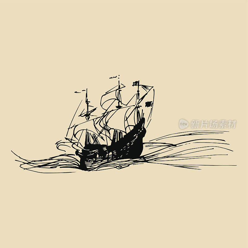 矢量插图的帆船在海上在墨水风格。手勾勒出帆船。海洋主题设计。