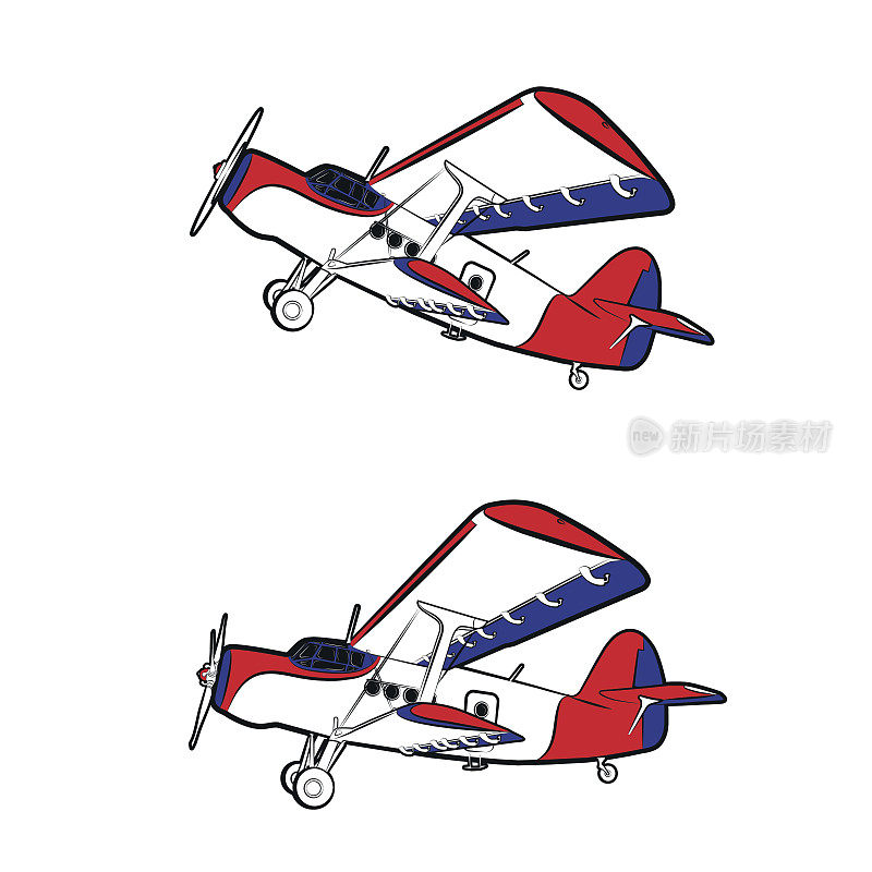 矢量插图的经典螺旋桨飞机在静态和飞行在白色的背景