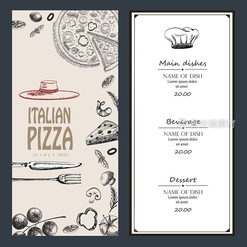 意大利比萨用原材料绘制食物设计菜单传单