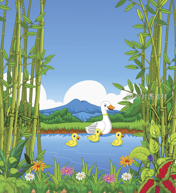 有趣的卡通鸭子游泳与湖泊和景观背景