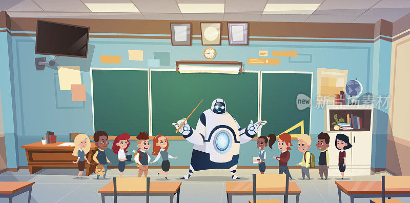 学校的孩子们在教室里与机器人老师在绿色板