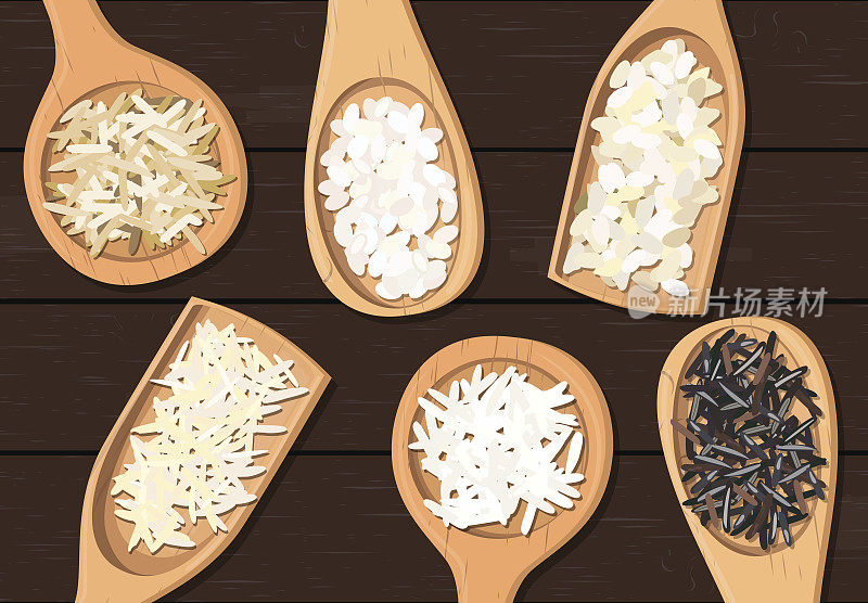 木勺里装着不同种类的大米。Basmati，野生，茉莉，长棕色，arborio，寿司，深色木质背景