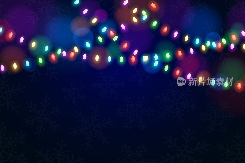 圣诞彩灯在黑暗的背景。背景是雪花。庆祝的背景。发光的花环。发光的椭圆形灯泡。矢量图