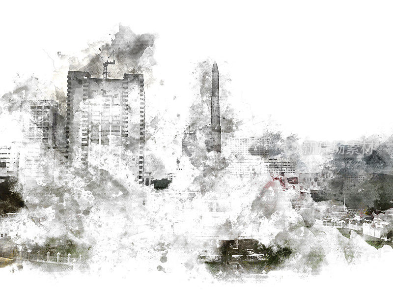 抽象建筑以水彩画为背景。城市上的数字插画刷艺术