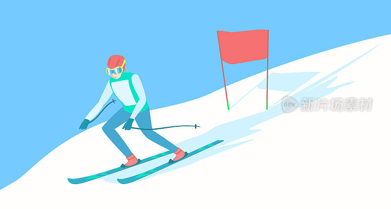 滑雪道上的高山滑雪者。
