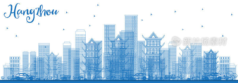 用蓝色建筑勾勒出中国杭州的天际线。