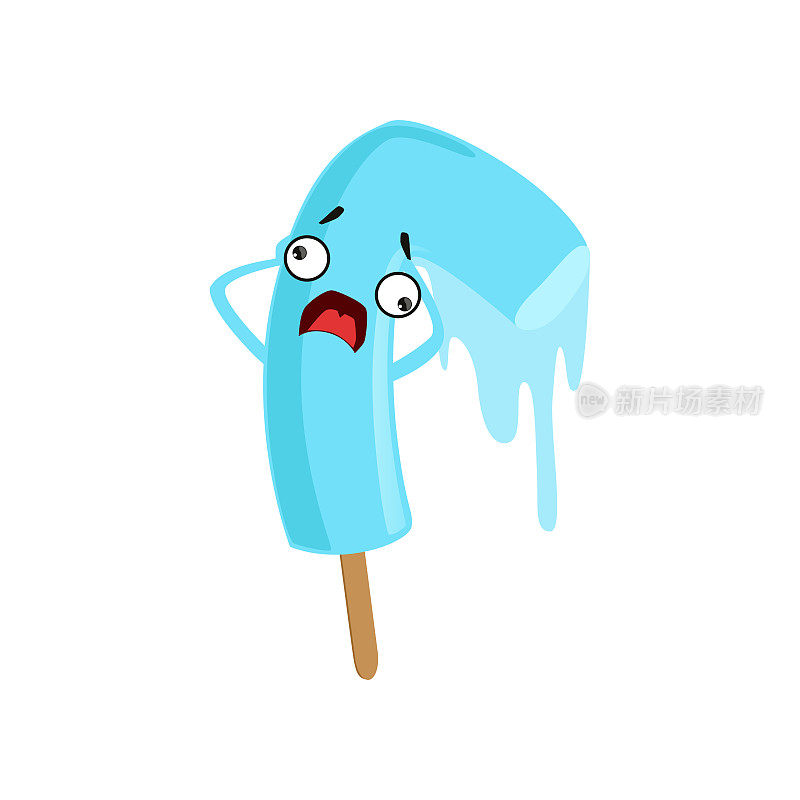人性化的融化的冰棒，带着惊恐的表情。甜的甜点。蓝色冰淇淋的卡通人物有一双小手。平面向量