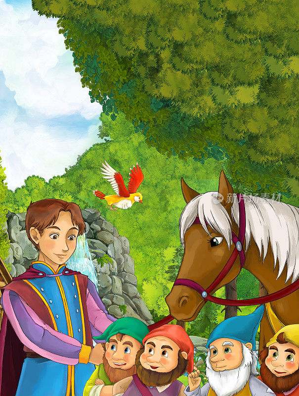 卡通自然场景英俊的年轻王子和他的马附近的瀑布和一些小矮人
