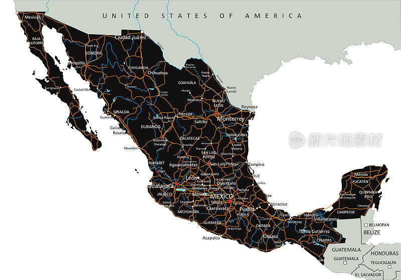 高度详细的墨西哥路线图与标签。