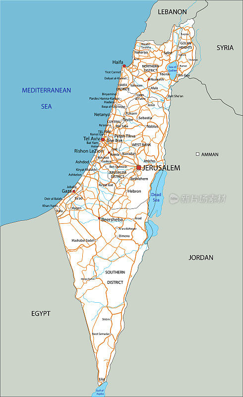 高度详细的以色列路线图与标签。