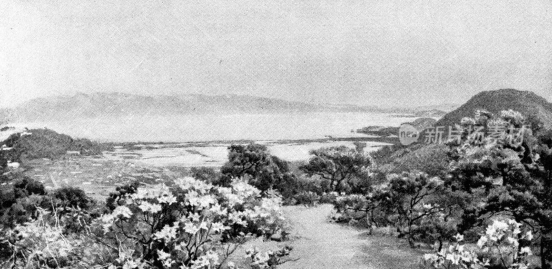 日本滋贺县彦根和琵琶湖的城市景观――19世纪