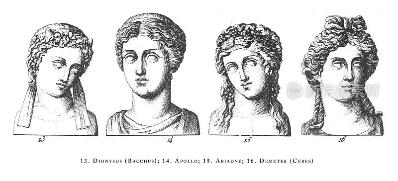 狄俄尼索斯(酒神)，阿波罗，阿里阿德涅，得墨忒尔(刻瑞斯)，古典神和神话人物，雕刻古董插图，出版1851年
