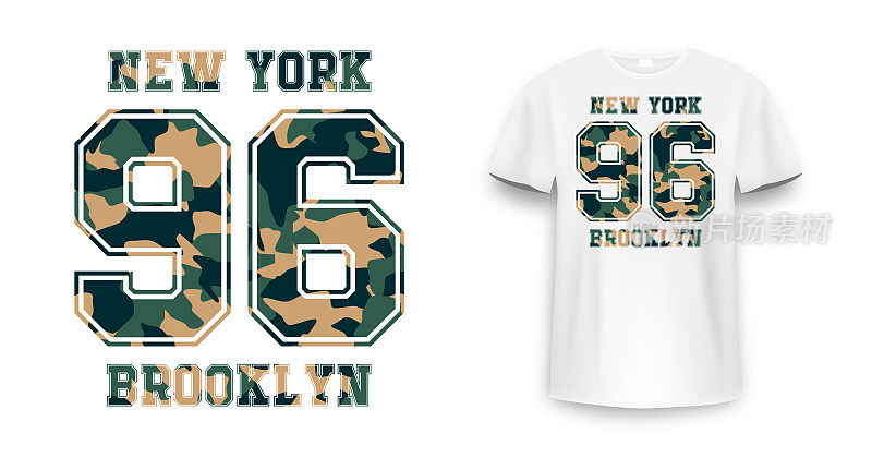 军旅风格的t恤设计，带有迷彩纹理。纽约市印刷与口号衬衫印刷。白色t恤模型与图形印花
