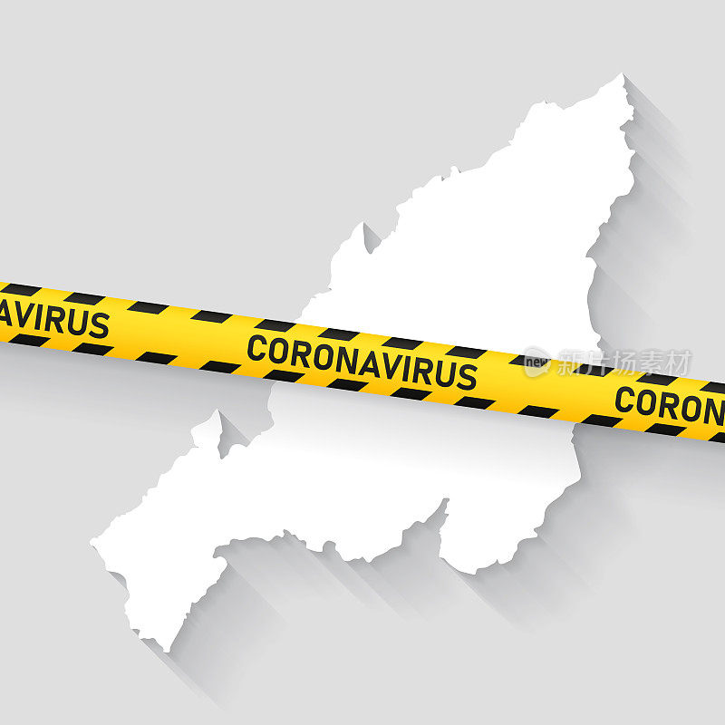 带冠状病毒警告胶带的那加兰邦地图。Covid-19爆发