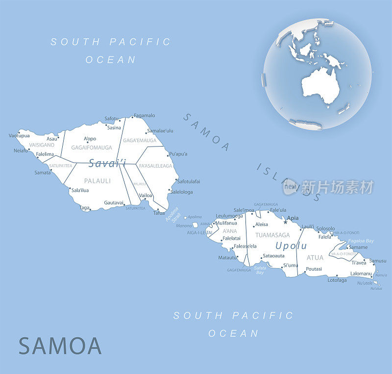 全球萨摩亚行政区划和位置的蓝灰色详细地图。