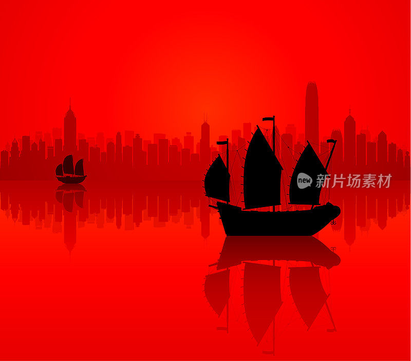 香港港口及舢板船(所有建筑物均独立、完整及高度精细)