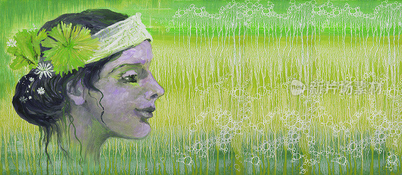 插图水彩肖像profile的一个女孩的发型野花在绿色的背景沸腾的水开花绿色植物