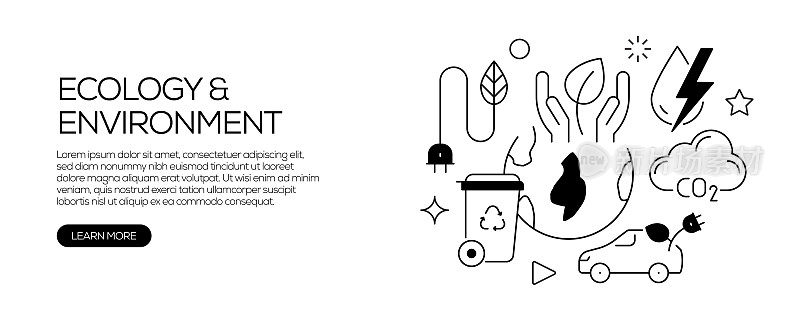 与生态环境相关的网络横幅线条风格。现代线性设计矢量插图的网站横幅，网站标题等。