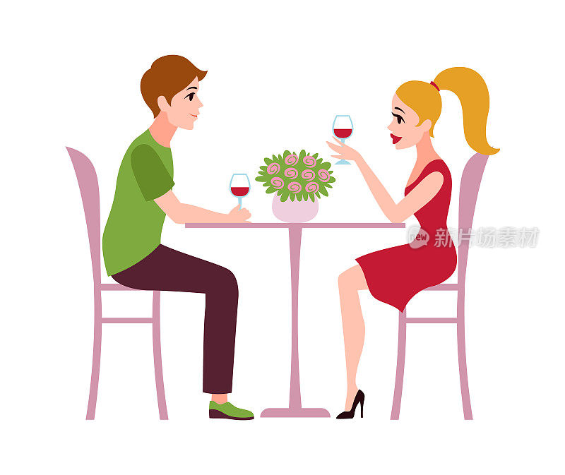幸福浪漫的情侣在餐厅。男人和女人坐在桌子上喝酒聊天，一起庆祝情人节在咖啡馆爱情和关系平面矢量卡通插图