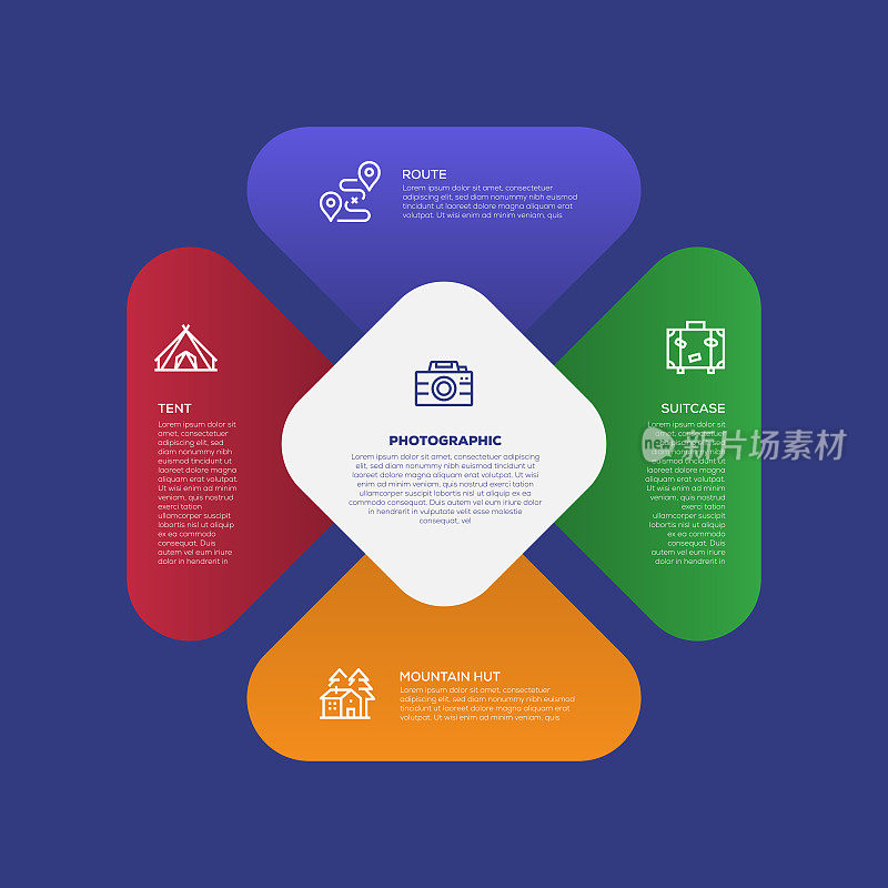 信息图表设计模板。帐篷，路线，手提箱，山小屋，摄影图标与5个选项或步骤。