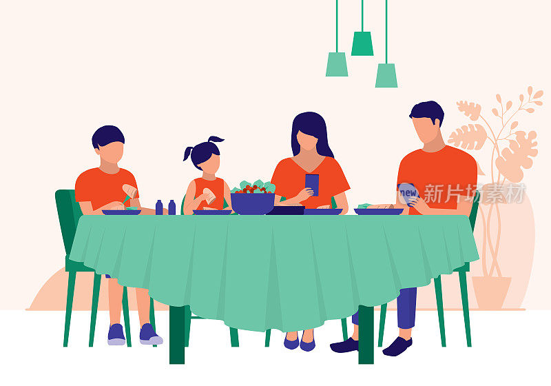 父母在和孩子吃饭时使用手机。家庭沟通不良和科技成瘾的概念。矢量插图平面卡通。