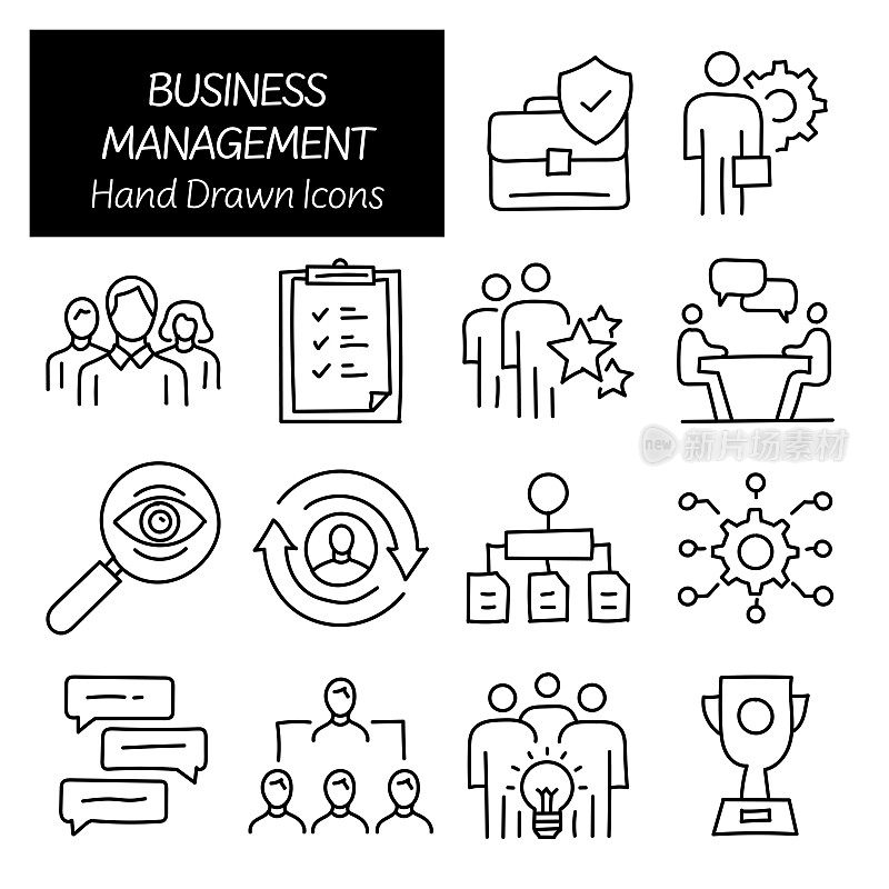 商业管理相关手绘图标,涂鸦元素矢量插图