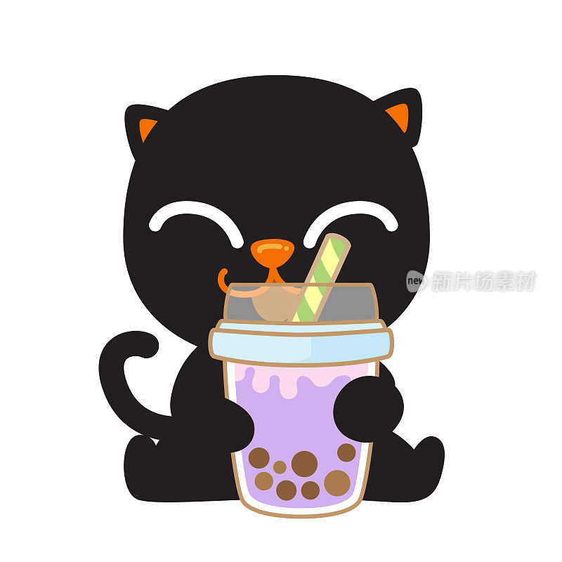 小黑猫喜欢奶茶，可爱的卡通喵与奶茶隔离卡通。矢量图