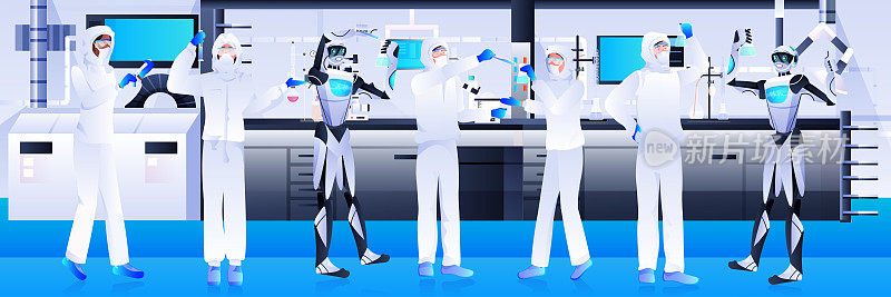 机器人与科学家穿着防护服在实验室基因工程人工智能概念做实验