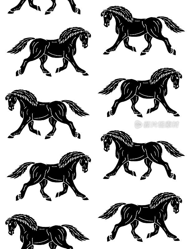 黑色手绘涂鸦素描素描马的矢量无缝模式