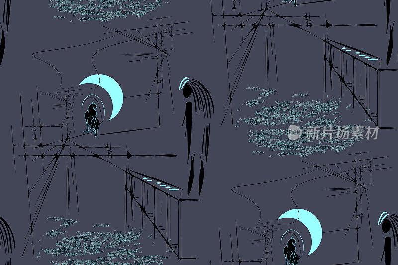 矢量EPS10无缝模式-月亮猫步。一个女人在城市的屋顶上过夜。