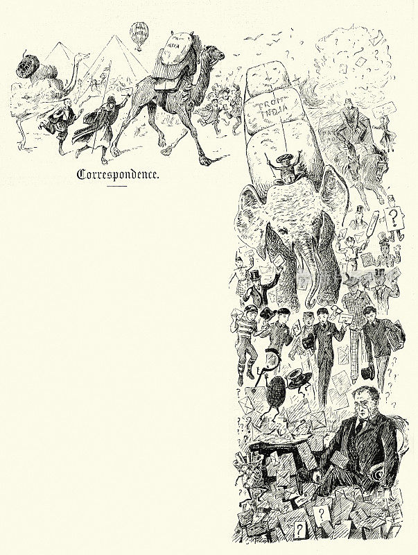 报纸编辑阅读来自世界各地的信件，维多利亚插图，1880年代