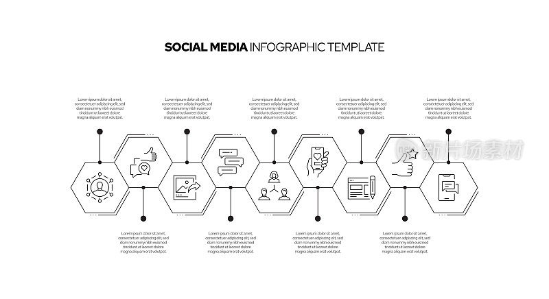 社交媒体概念矢量线信息图形设计图标。9选项或步骤的介绍，横幅，工作流程布局，流程图等。