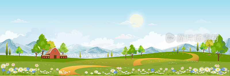 乡村的春天景观与绿色的田野和日落，矢量平面卡通农村农田与山和森林，粉红色和蓝色的天空，在乡村的自然场景，在阳光明媚的日子，夏天的全景视图