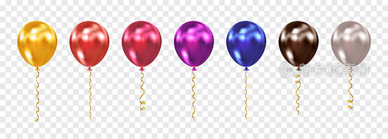 逼真的金属气球设置孤立在透明的背景上。飞行光滑的金属氦气球生日，事件，派对，庆祝周年纪念日，婚礼。矢量图
