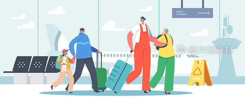 母亲和父亲与女儿一起旅行，带着行李的家人步行到飞机。快乐的父母和孩子在机场