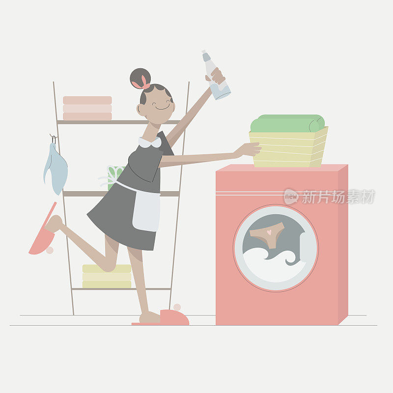 在家洗衣服的快乐女人。