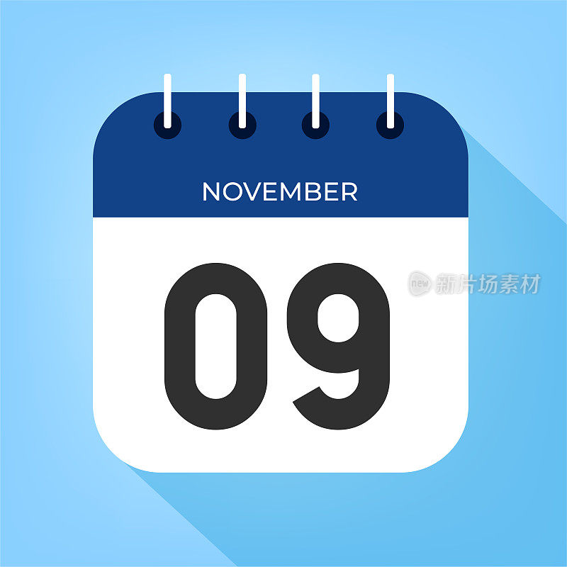 11月9日。数字九在一张白纸上，以深蓝色边框为清晰的蓝色背景向量。