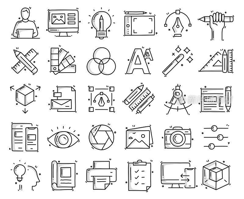 与平面设计相关的对象和元素。手绘矢量涂鸦插图集。手绘图标集。